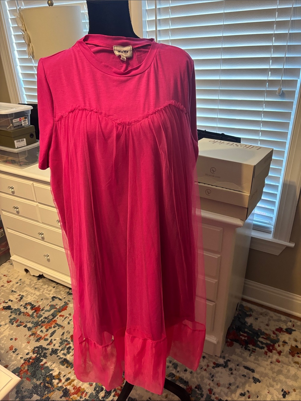 WENHOU Hot Pink Sheer Overlay Nightdress